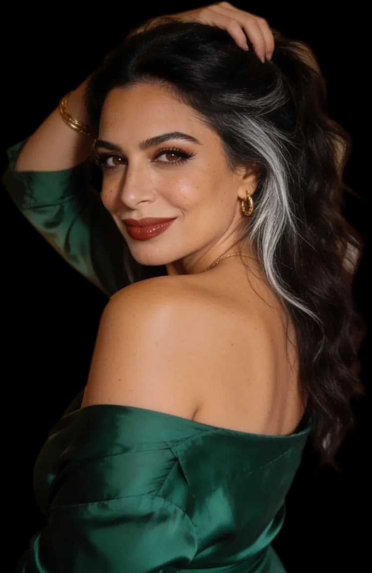Yasmin, a fictional AI companion on Jizzy, looking over her shoulder