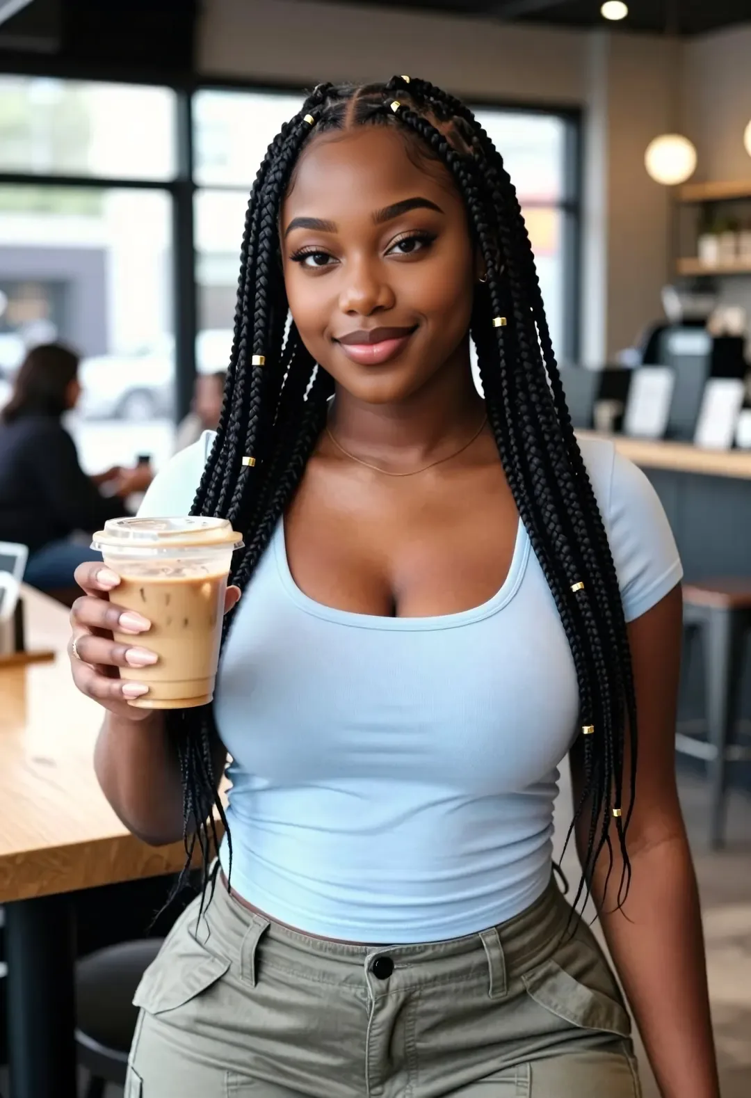 Sloane, a fictional AI companion on Jizzy, holding an iced coffee